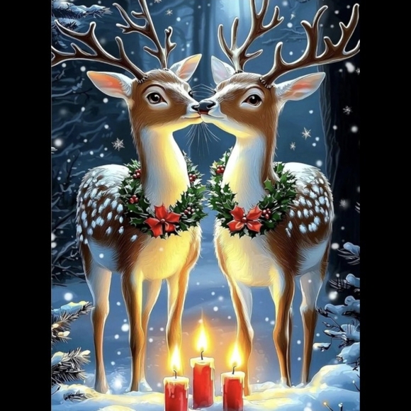 None Other - Christmas Holiday Kissing Reindeer Red Holly Diamond Painting Kit New